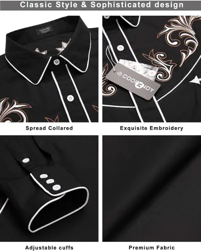 Vista 5 de COOFANDY Camisa vaquera occidental bordada de manga larga de algodón casual con botones para hombre