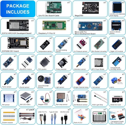 Vista 9 de GeeekPi Ultimate Starter Kit viene con Raspberry Pi Pico w, UNO R3, Mega2560, ESP32-WROVER, módulo de placa de sensor ESP8266 para principiantes