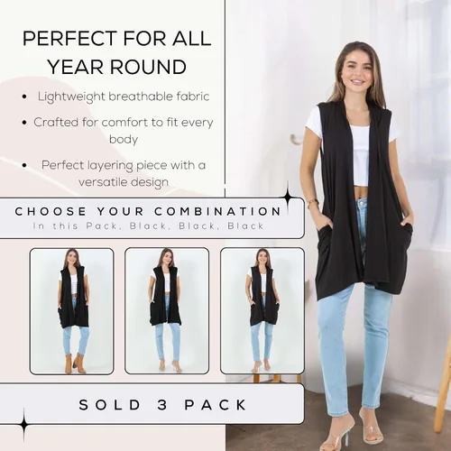 Vista 4 de Azules 3 Pack Sleeveless Long Cardigan for Women with Pockets – Flowy Dressy Layer Casual Wear, Lightweight Open Front
