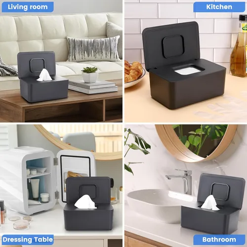 Vista 3 de Dispensador de toallitas para bebés y soporte para toallitas – Recipiente de toallitas para bebé recargable antideslizante con tapa de sellado