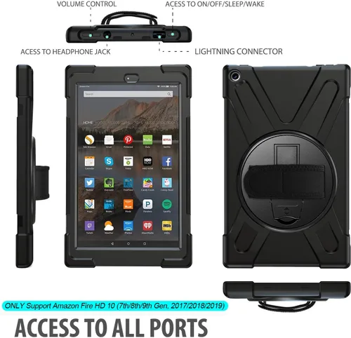Vista 8 de Funda Fire HD 10 2019/2018/2017, resistente a prueba de golpes, resistente, funda protectora de alto impacto con soporte para correa de mano