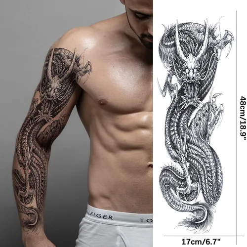 Vista 5 de Adhesivos de manga de tatuajes falsos de lobo león, brazo completo, dragón animal, tribal, mangas temporales de tatuaje para hombres, mujeres
