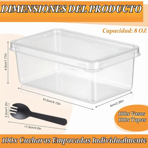 Vista 2 de Tanlade - Juego de 100 tazas de postre transparentes de 8 onzas con tapas y tenedores, tazas de plástico rectangulares desechables parfait