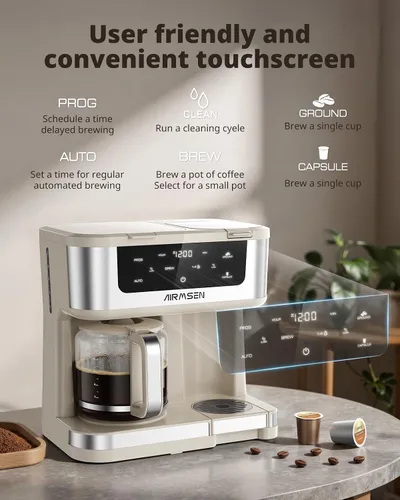 Vista 5 de AIRMSEN Cafetera dual programable de 12 tazas – Máquina de una sola porción para K-Pods y molido, preparación rápida de 1000 W, inicio retardado