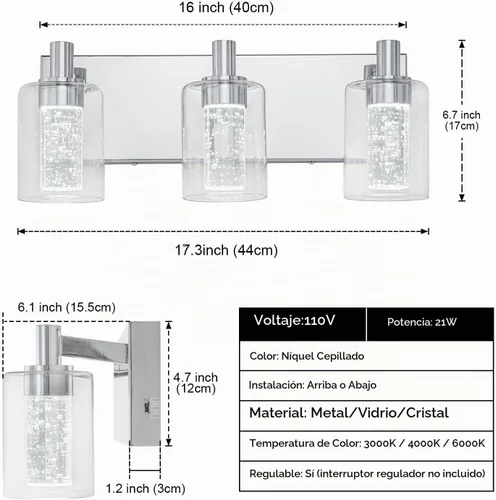 Vista 2 de SineRise - Luz de tocador con 3 modos de color (3000K/4000K/6000K), lámpara de baño LED con protección ocular, lámpara de pared moderna regulable