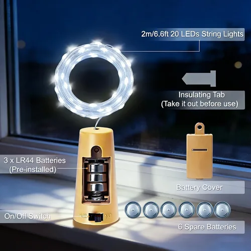 Vista 3 de VOOKRY Luces para botellas de vino con 20 luces LED de corcho, funciona con pilas, mini luces de alambre de cobre para botellas de bricolaje