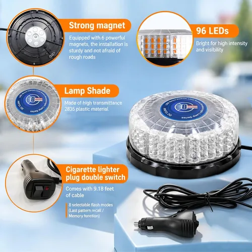Vista 4 de 1 pieza luz de baliza ámbar, 96 luces LED magnéticas de baliza estroboscópica intermitente de seguridad, precaución, advertencia y emergencia