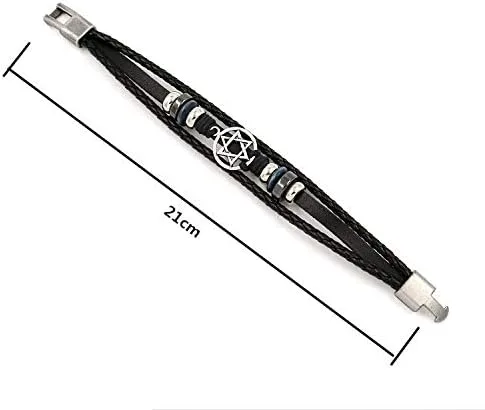 Vista 4 de Pulsera de piel trenzada para mujer, diseño de estrella de David, color negro