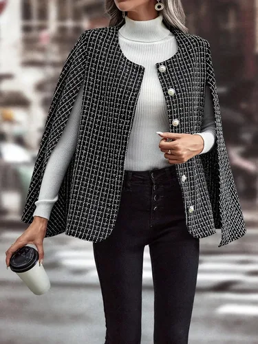 Vista 4 de WDIRARA Chaqueta de manga tipo capa con estampado a cuadros para mujer, cuello redondo, botones frontales, chaqueta