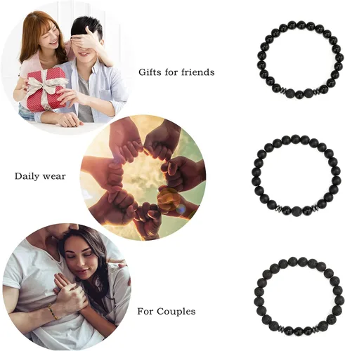Vista 2 de MengPa - Pulseras de cuentas con cuentas de piedra volcánica mate y roca de lava, elástica, para hombre y mujer