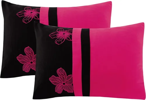 Vista 2 de Empire Home Fashion & Furtniture Juego de edredón bordado floral rosa y negro, juego completo de ropa de cama con juego de sábanas (matrimonial)