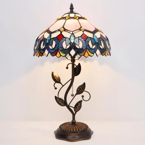 Vista 4 de Tiffany Table Lamp, Pink Stained Glass Desk Light, W12H19 Inch, Metal Leaf Base (Pink Baroque Style)