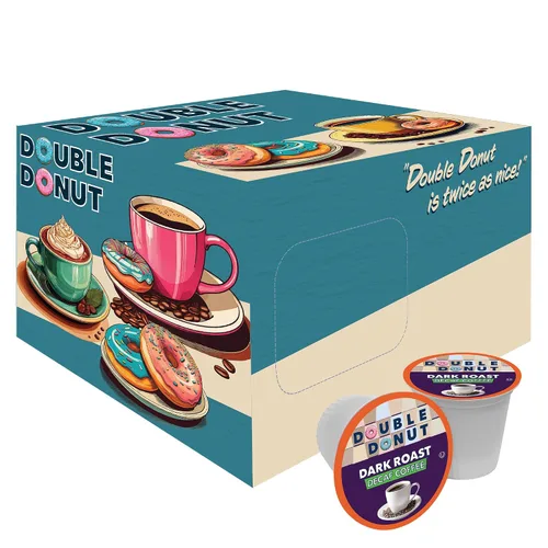 Vista 2 de Double Donut Coffee Cápsulas de café tostado oscuro descafeinado, café de mezcla extra atrevida, café de una sola porción para máquinas Keurig K