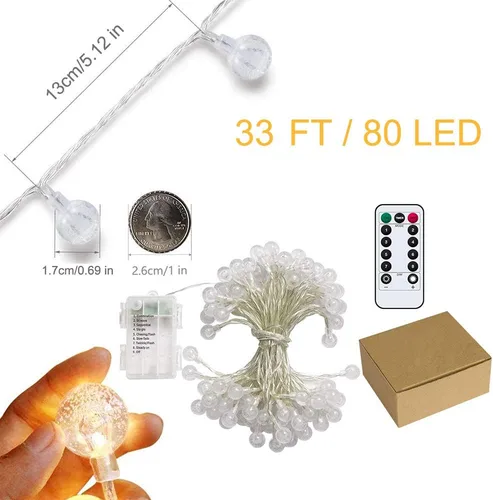 Vista 6 de Cadena de luces de globo a pilas, resistente al agua, 80 luces LED de 33 ft de 8 modos con control remoto, luces LED para interiores y exteriores