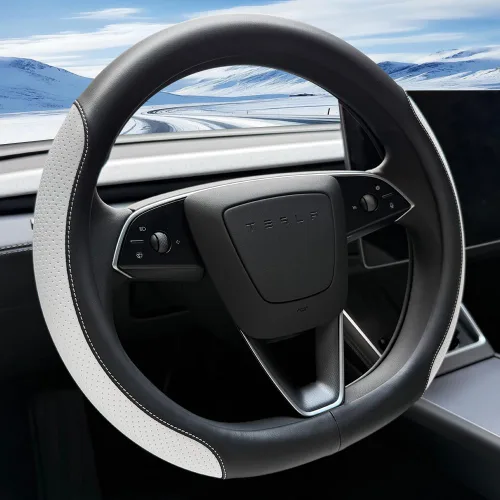 Vista 7 de Funda para volante de Tesla Model 3 y Model Y, cómoda, antideslizante, transpirable, piel de napa negra (negro)