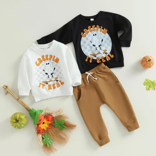 Vista 5 de LZCYILANXIULSL Conjunto de Halloween para bebé niño y niño, sudadera de manga larga con diseño de fantasmacalabaza + pantalones de tablero