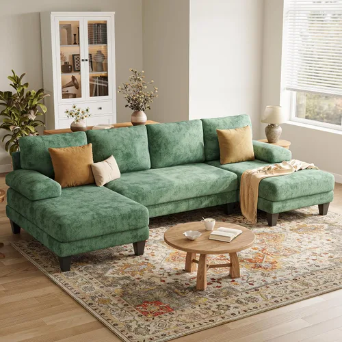 Vista 12 de Sofás seccionales en forma de U para sala de estar, sofá modular moderno de 112 pulgadas, sofá de felpilla gris oscuro con diván doble