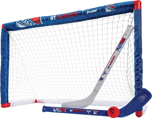 Vista 12 de Franklin Sports NHL - Juego de mini hockey para niños, portería de hockey sobre rodilla, pelota + 2 palos, juego de juguetes para interiores