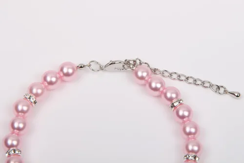 Vista 7 de Collar de perlas de perro y gato con diamantes de imitación, dije de corazón con dije de corazón para mascotas y cachorros (S, rosa)