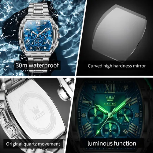 Vista 5 de OLEVS Relojes para Hombres Cronógrafo Impermeable Cara Rectangular Fase Lunar Correa de Acero Inoxidable Relojes de Vestir para Hombres Luminoso