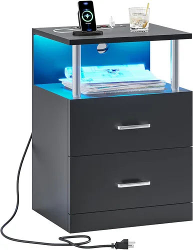 Vista 9 de VIAGDO - Mesa de noche negra con estación de carga y puertos USB, mesa de noche LED con 2 cajones, mesas de cabecera modernas con almacenamiento