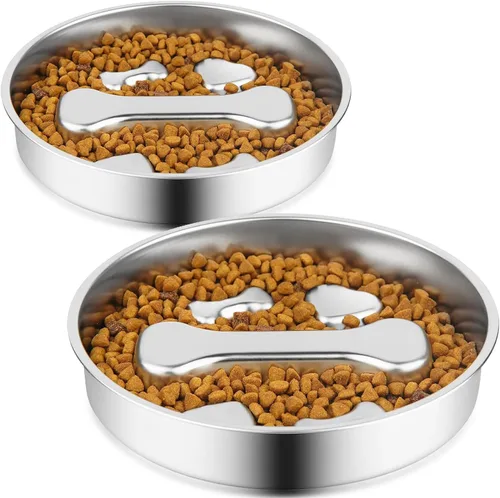 Vista 7 de Paquete de 2 cuencos de acero inoxidable para perros de alimentación lenta, cuencos de metal antideslizantes para mascotas para comedores rápidos