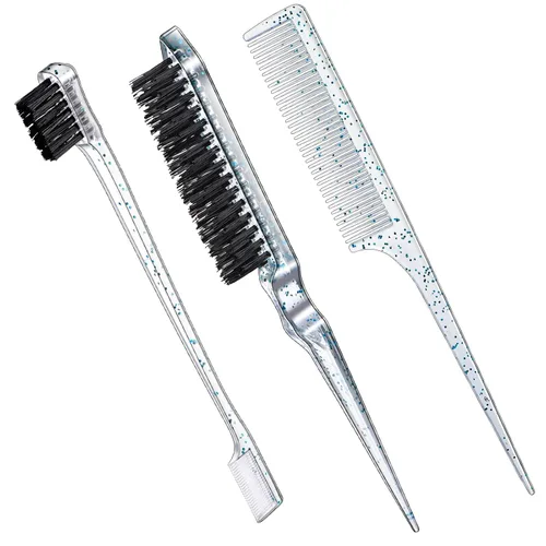 Vista 14 de Geiserailie Juego de 3 cepillos para cabello peinado hacia atrás, cepillo de cerdas, control de bordes, peine para desenredar para cabello negro