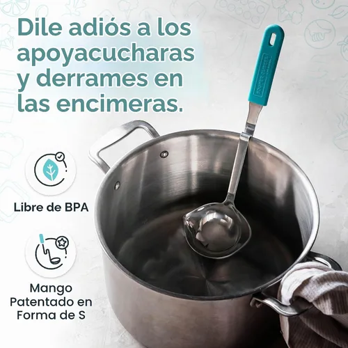 Vista 3 de Souper Cubes + Lori Greiner Cucharón de sopa sin desorden de acero inoxidable con mango de silicona - Cucharón de sopa de metal con diseño sin Agua