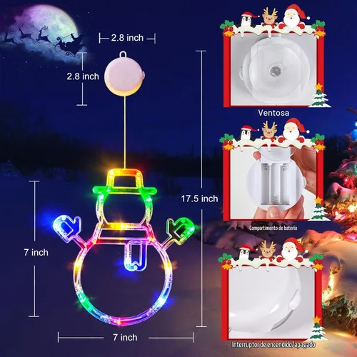 Vista 4 de LOLStar Luces de ventana de Navidad, paquete de 3 medias de Navidad multicolor, muñeco de nieve, luces de sombrero de Papá Noel con ventosa, función