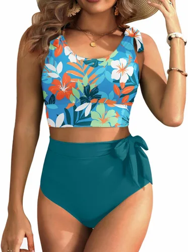 Vista 23 de Trajes de baño de dos piezas de cintura alta - Bikini con control de abdomen para mujer, traje de baño modesto 2 piezas 2025 Hot Red