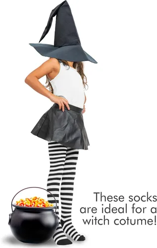 Vista 2 de Skeleteen Calcetines negros y blancos, por encima de la rodilla, a rayas, hasta el muslo, accesorios de disfraz, medias para hombres, mujeres