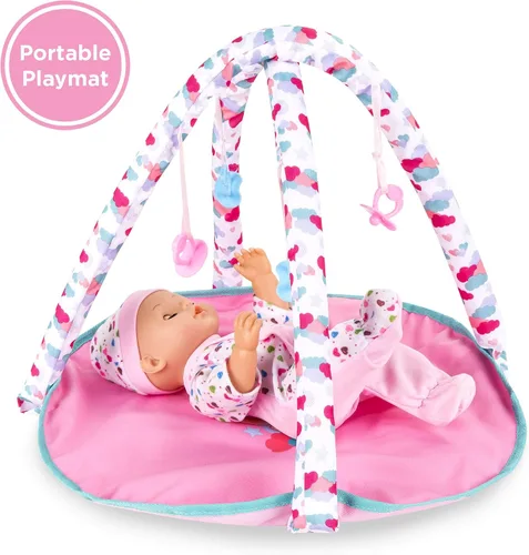 Vista 2 de Best Choice Products Juego de 15 piezas para niños de 13.5 pulgadas, muñeca recién nacida, juego de rol con cochecito, cuna de viaje, tapete