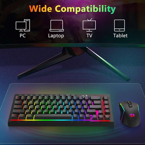 Vista 9 de Redragon Combo de teclado y mouse inalámbricos para juegos, Bluetooth/2.4G/USB-C con cable, retroiluminación RGB, teclado de membrana macro