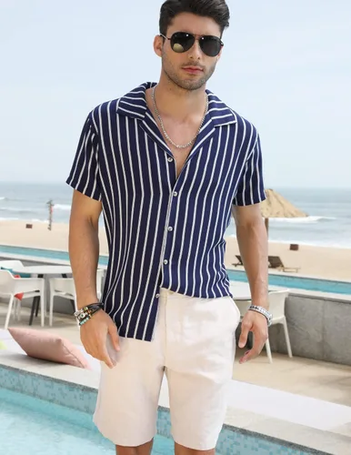 Vista 2 de COOFANDY Camisas hawaianas para hombre, camisa de manga corta, a rayas, camisas de playa con botones