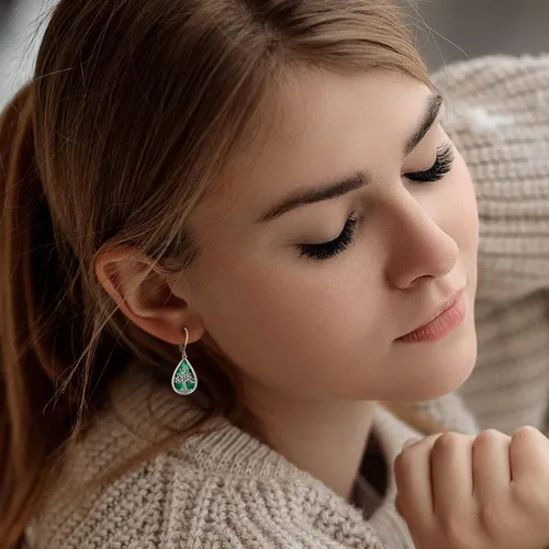 Vista 151 de Aretes colgantes de plata de ley con diseño de árbol de la vida, flor, abeja, animales, gato, colibrí, piedra lunar, turquesa, aretes con cierre