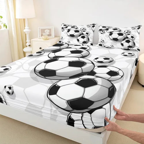 Vista 4 de Juego de ropa de cama de fútbol para niños, sábanas bajeras de fútbol para niños, niñas, adolescentes, juego de ropa de cama de fútbol dibujado a