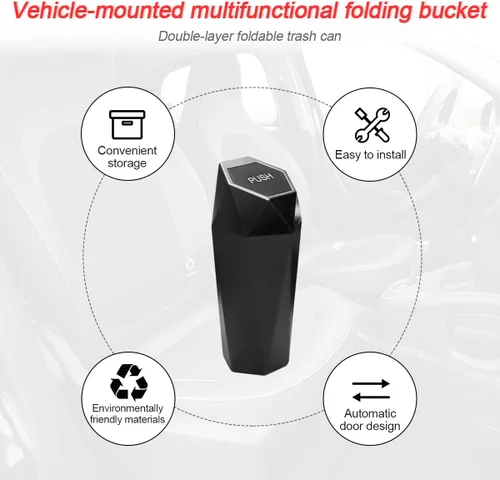 Vista 3 de Cubo de basura para automóvil con tapa, mini cubo de basura portátil para automóvil, pequeño diseño de diamante a prueba de fugas, contenedores