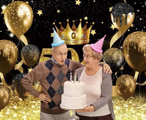 Vista 7 de Telón de fondo para fotografía de cumpleaños número 50 para mujeres y hombres, globo con purpurina negra y dorada, telón de fondo para fotos