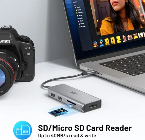 Vista 7 de Estación de acoplamiento USB C Monitor dual, estación de acoplamiento de triple pantalla USB C 9 en 1 a adaptador HDMI dual Displayport SD TF lector