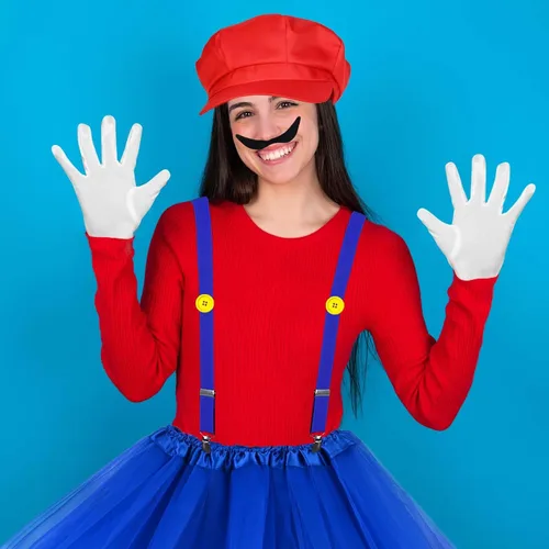 Vista 5 de Kavoc Disfraz de Halloween Super Role Play Bros, incluye sombrero de fontanero, tirantes, guantes, botones de barba para hombres y mujeres