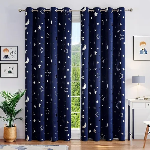 Vista 13 de WUBODTI Cortinas grises 100% opacas con diseño de estrellas para habitación de niños, 45 pulgadas de largo, juego de 2 paneles de cortinas
