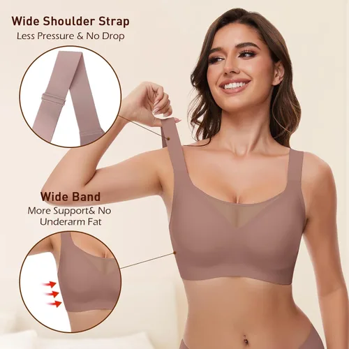 Vista 5 de WOWENY Wireless Minimizer Bras for Women V Neck Comfortable Adjustable Full Coverage Padded Bralettes Smoothing Bra