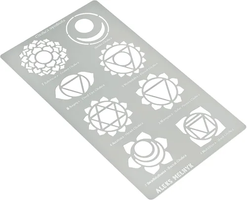 Vista 2 de Aleks Melnyk No.415 Plantilla de metal, chakras, mandala, yoga, símbolos para meditación, Om, geometría sagrada, plantilla para leña, grabado