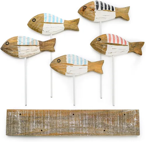 Vista 3 de ZENFUN 5 piezas de decoración de mesa de peces de madera, centro de mesa de verano oceánico, estatuas de animales marinos, letrero de pie, peces