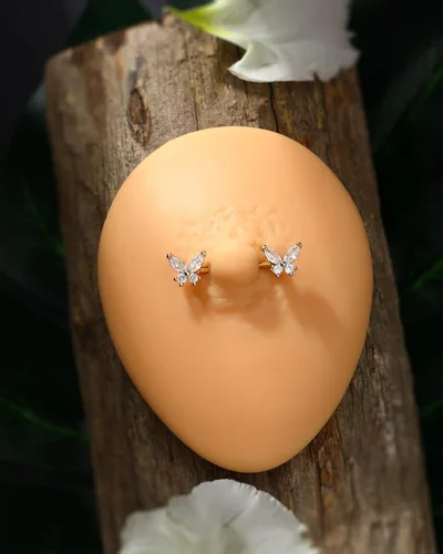 Vista 6 de Jewseen Anillos de pezón de mariposa para mujer, 14G, joyería de piercing de pezón de oro, acero quirúrgico, escudo de pezón, circonita cúbica