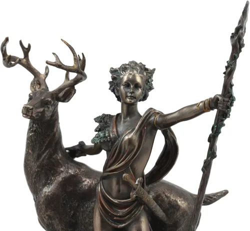 Vista 2 de Ebros Diosa griega romana de la caza Luna y naturaleza Diana con estatua de ciervo Artemisa La cazadora escultura 11.5 pulgadas de alto