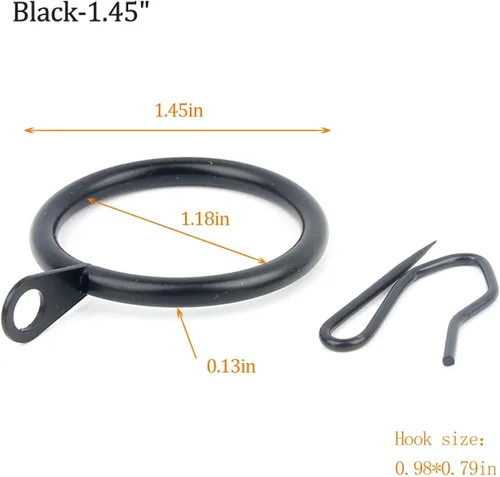 Vista 2 de 50 anillos de cortina negros con ganchos, anillos de cortina de metal, anillos de barra de cortina y ganchos de cortina para pasadores de cortina
