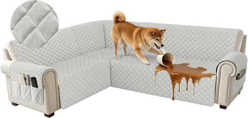 Vista 38 de Fundas impermeables para sofá seccional de esquina en forma de L, de terciopelo, juego de 6 piezas, funda en forma de U para sofá, para perros