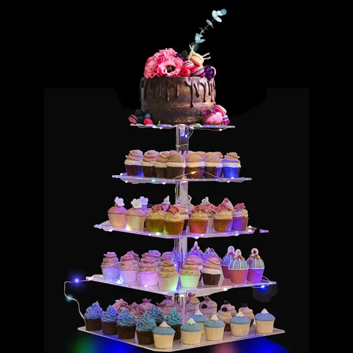 Vista 8 de Soporte de torre de acrílico de 4 niveles, exhibición cuadrada transparente para postres, juego de soporte para pasteles y cupcakes, decoración