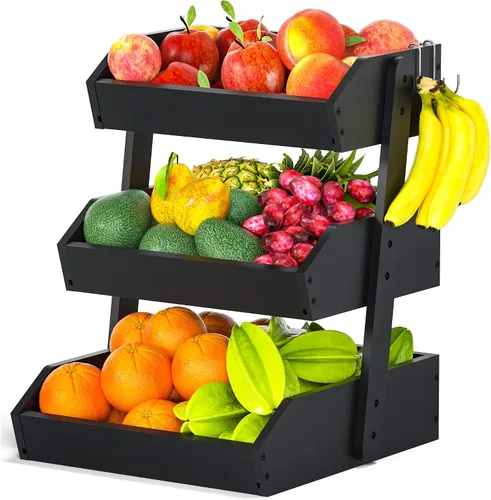Vista 10 de Gmtsl Cesta de frutas de bambú para cocina, frutero de 2 niveles para encimera de cocina, soporte grande para frutas con 2 ganchos para plátanos